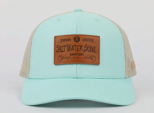Salt Water Soul Leather Patch Aqua Trucker Mesh Snapback Hat